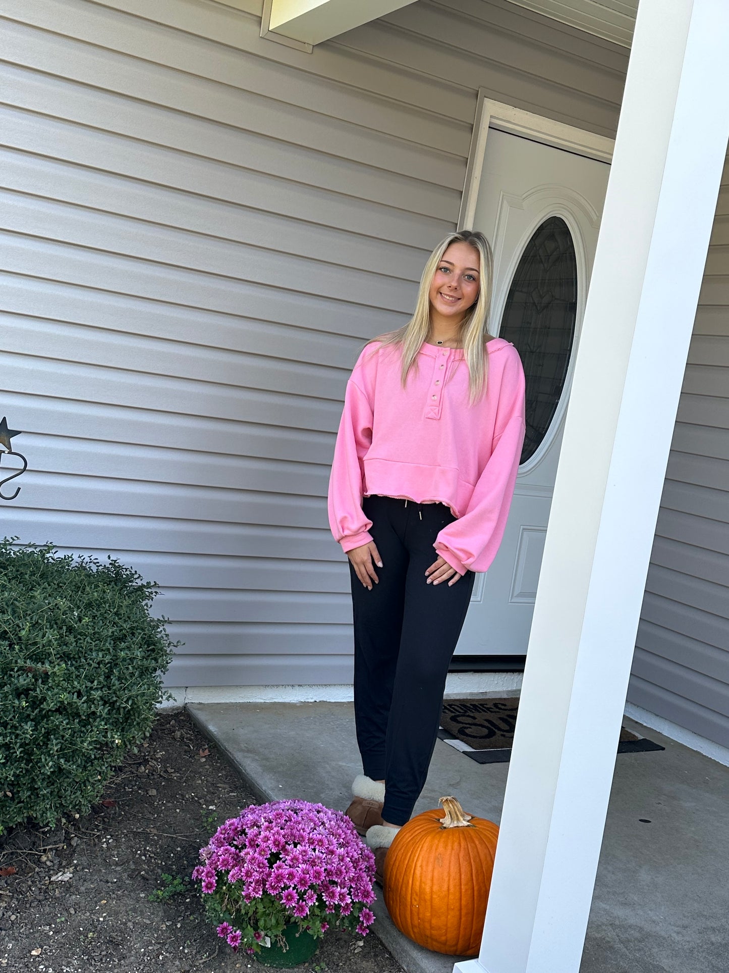 Pink lantern sleeve button up French terry crop top