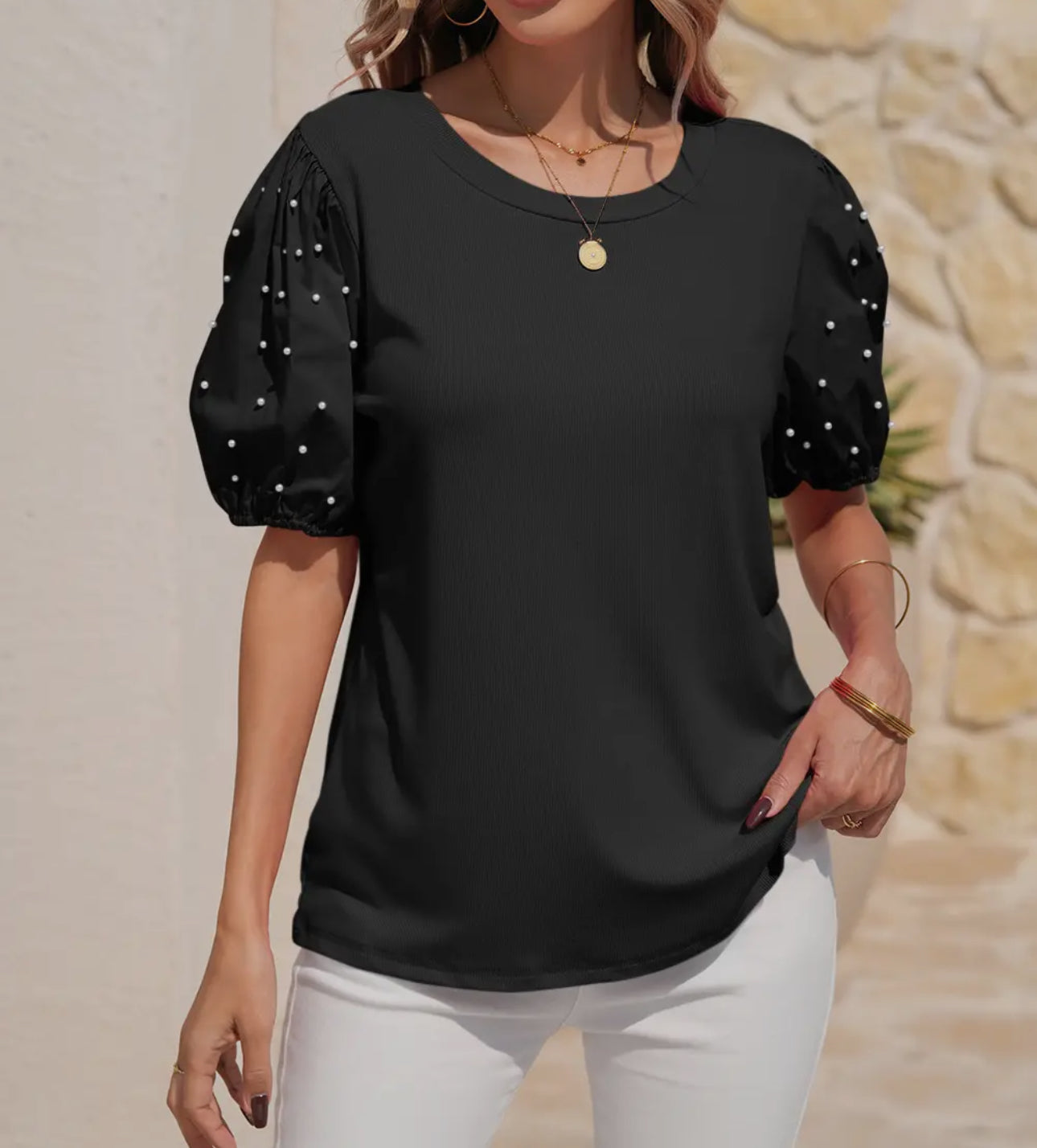 Black puff sleeve with pearls