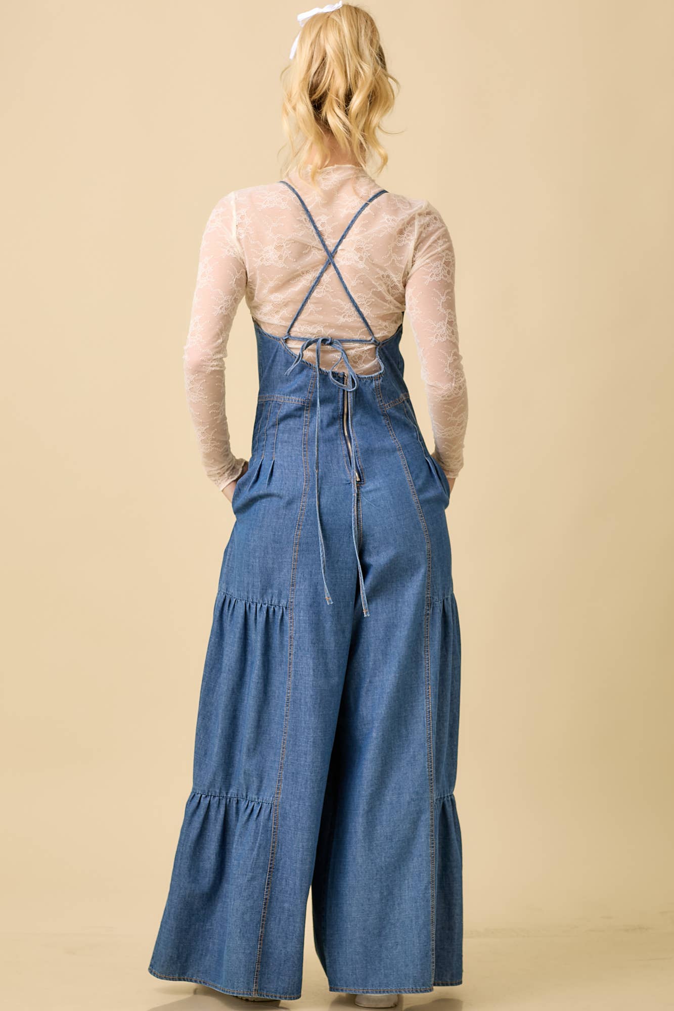 Main Strip - Denim Sleeveless Jumpsuit With Wide Leg Loose Fit