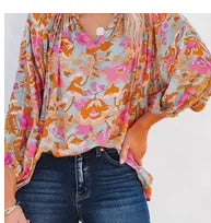 Sky blue floral print loose fit blouse