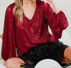 V-neck balloon sleeves sequin top