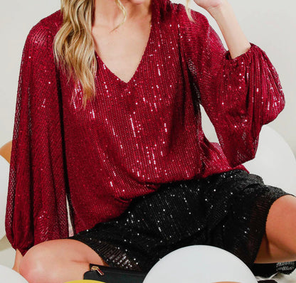 V-neck balloon sleeves sequin top