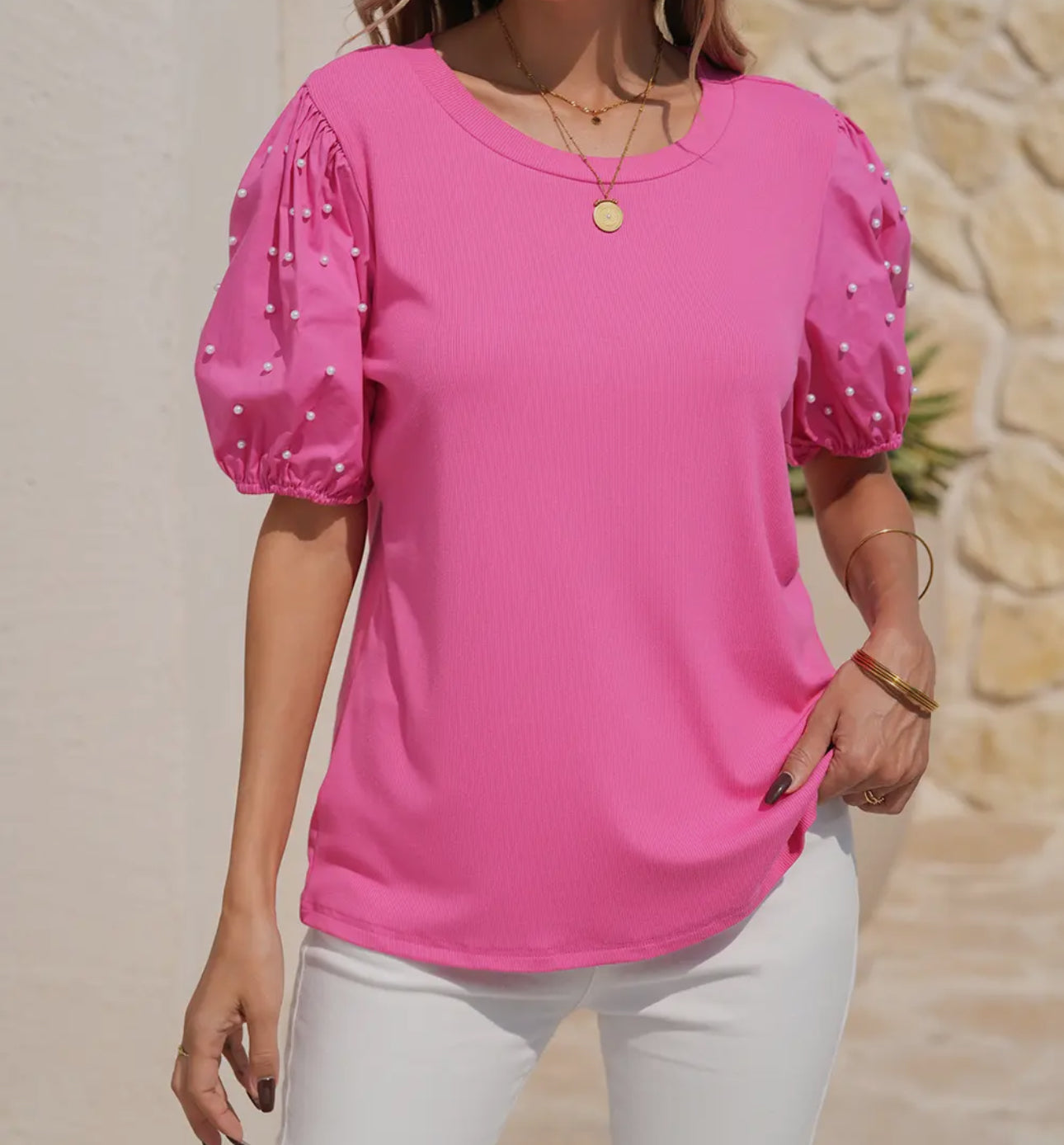 Pink puff sleeve with pearls