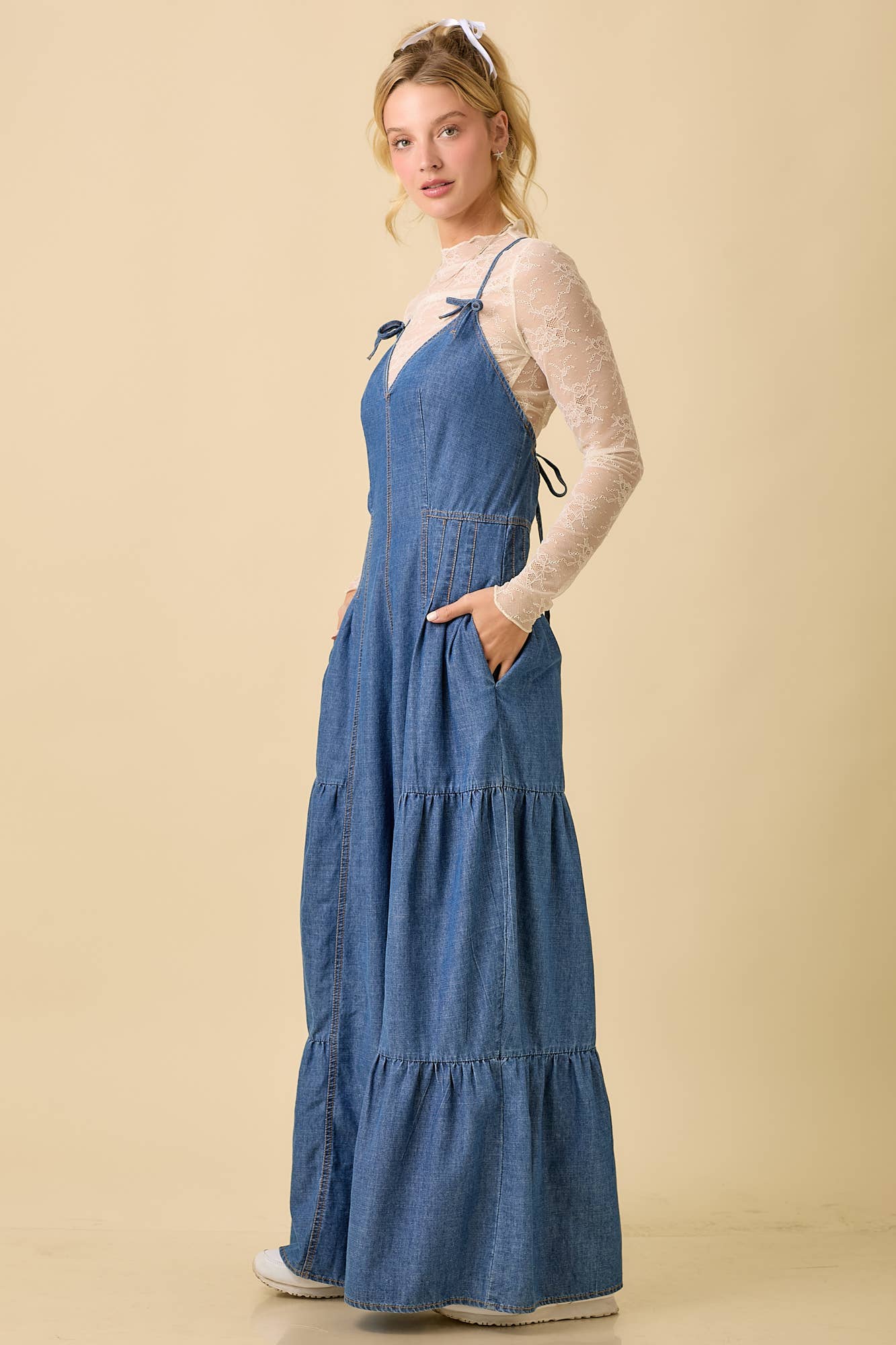 Main Strip - Denim Sleeveless Jumpsuit With Wide Leg Loose Fit
