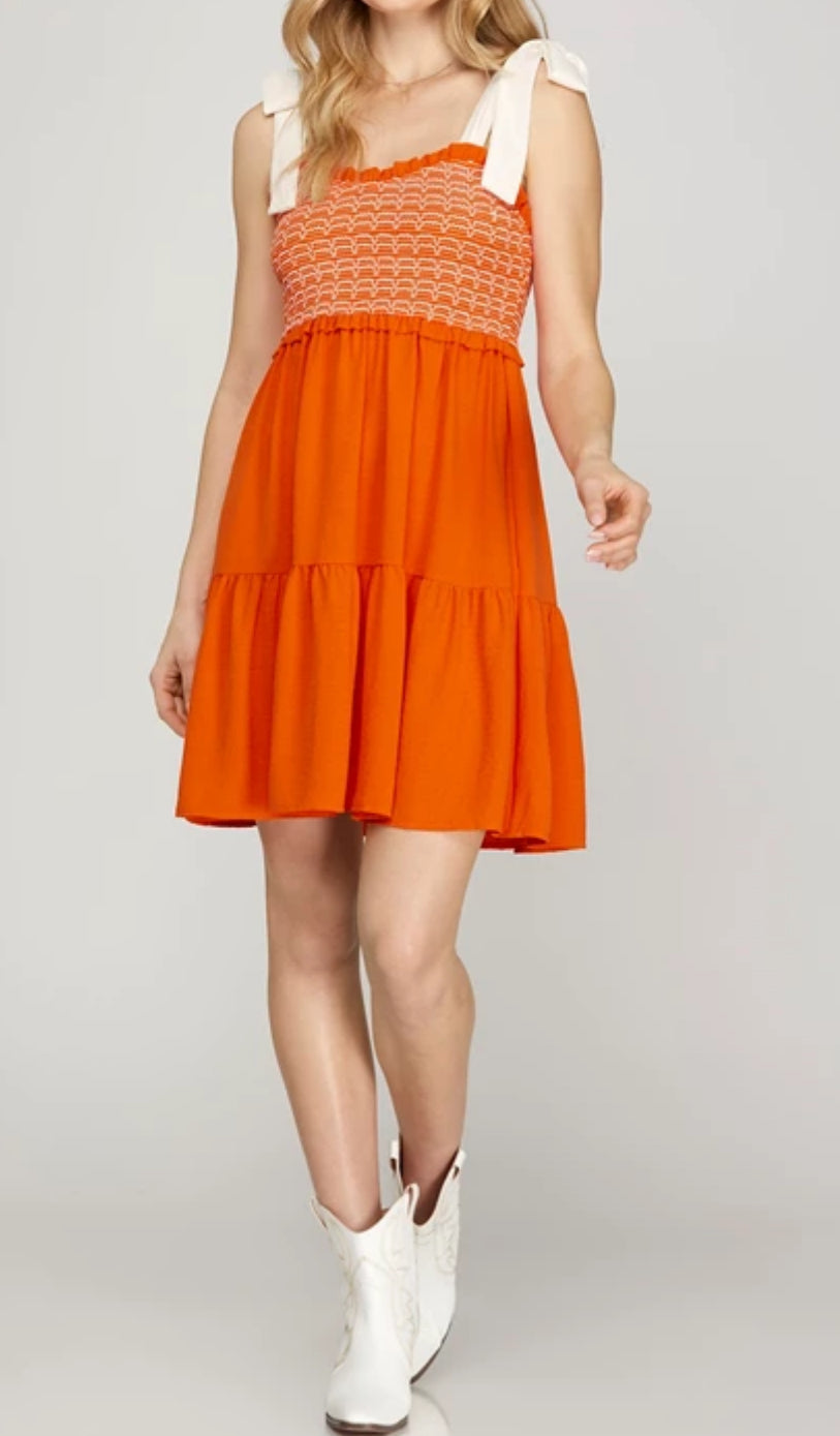 Game day shoulder bow tie dress Orange
