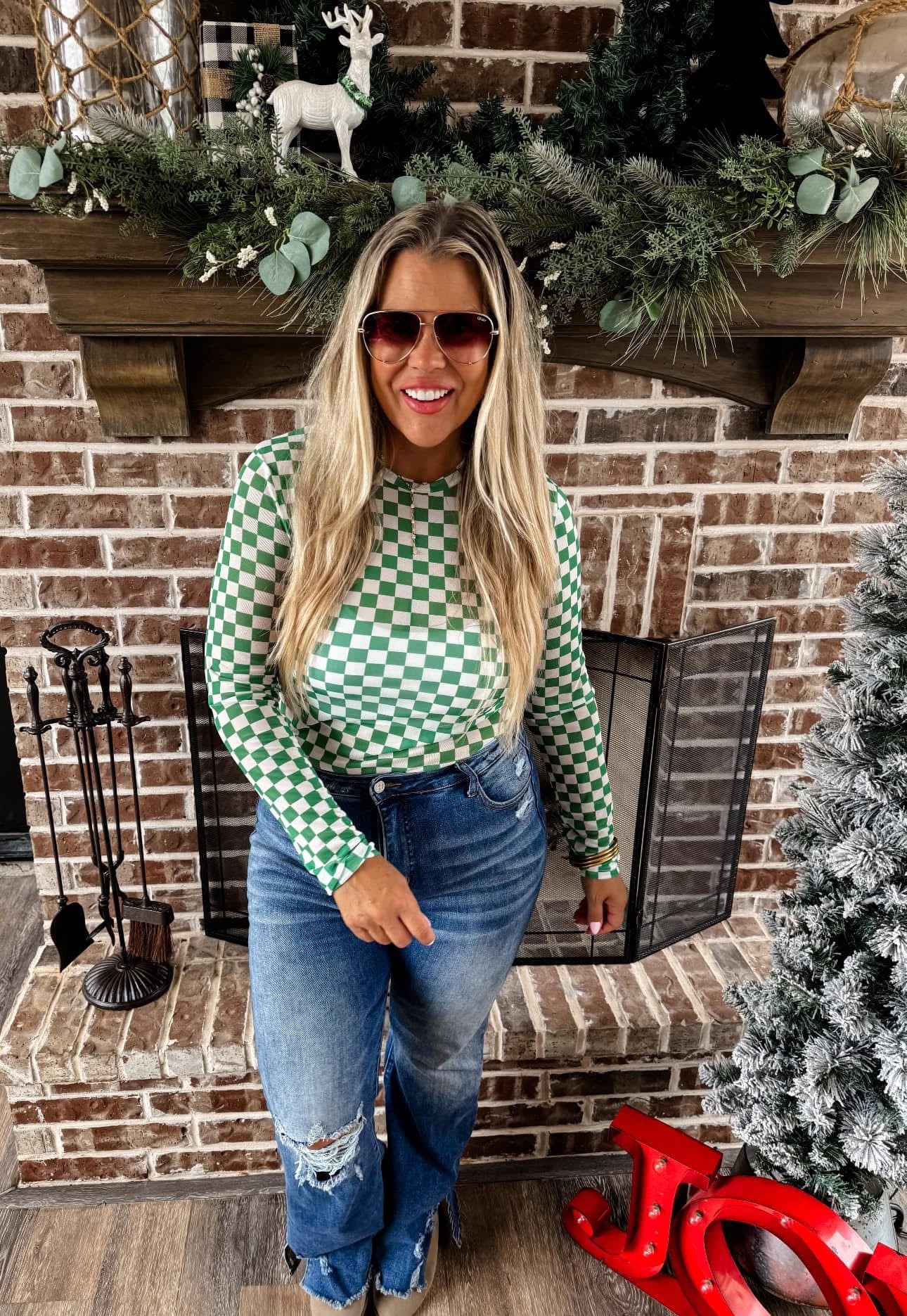 Green checkered sheer top