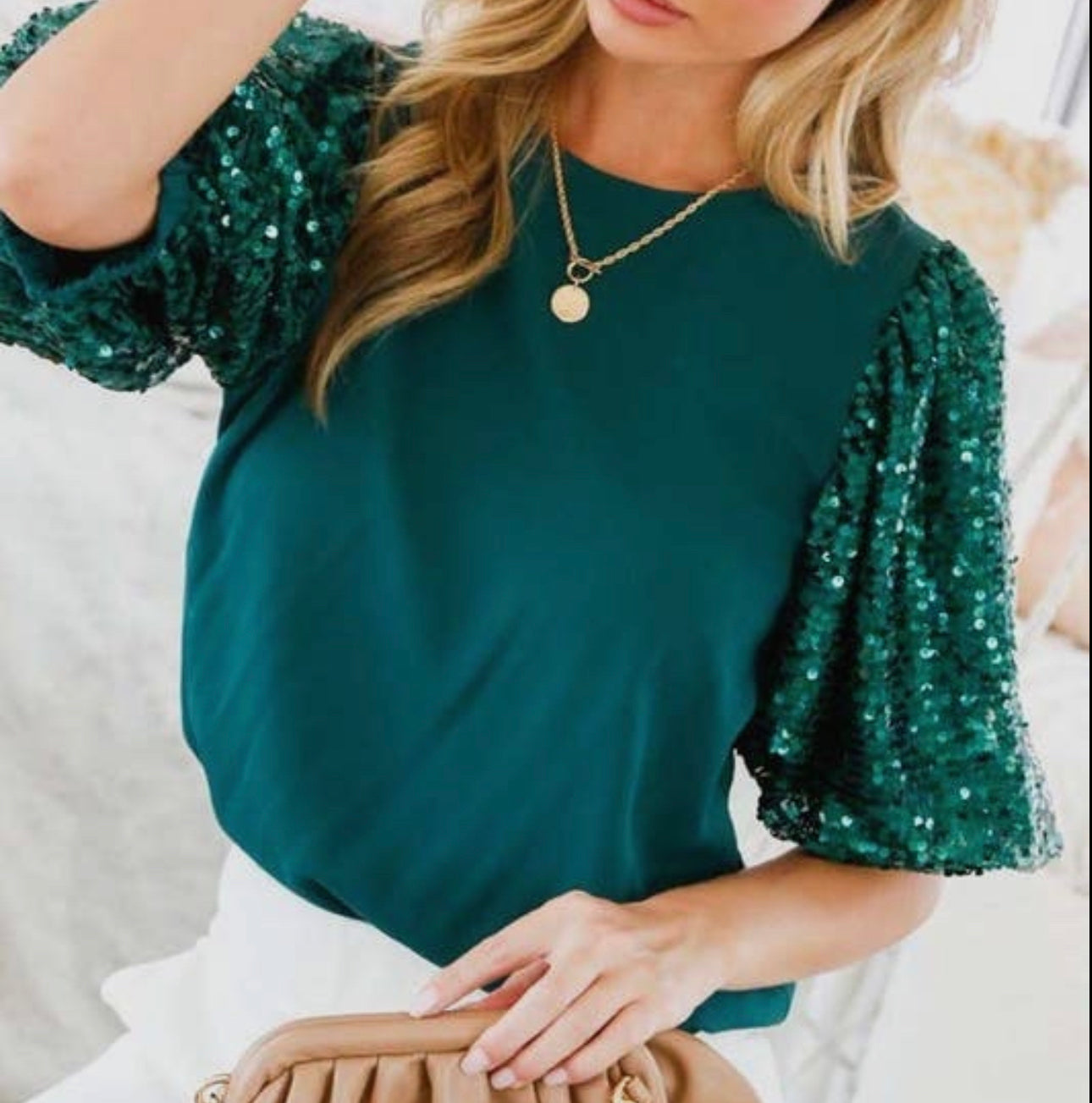 Round neck sequins contrast sleeves blouse