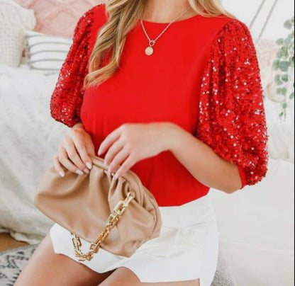 Round neck sequins contrast sleeves blouse