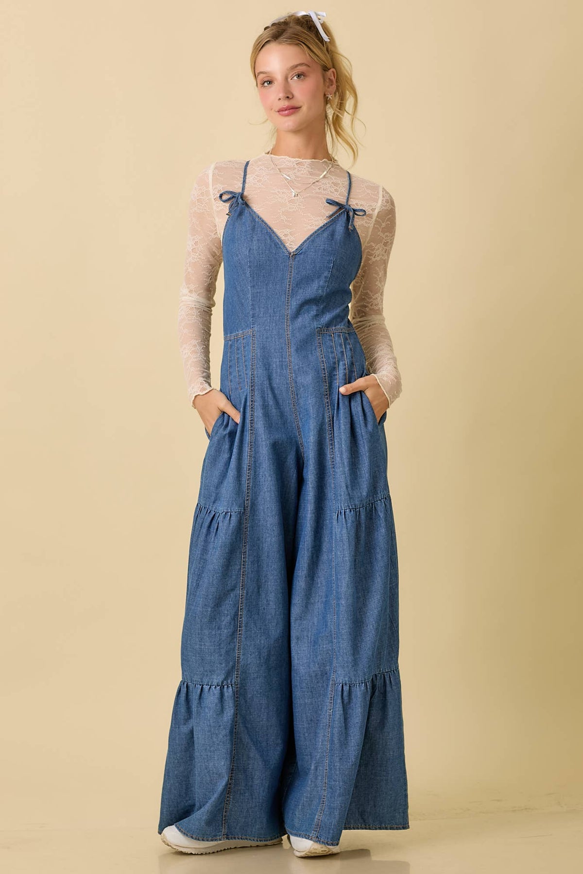 Main Strip - Denim Sleeveless Jumpsuit With Wide Leg Loose Fit
