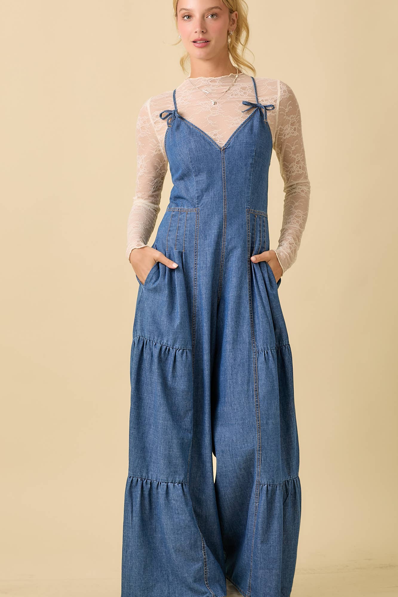 Main Strip - Denim Sleeveless Jumpsuit With Wide Leg Loose Fit