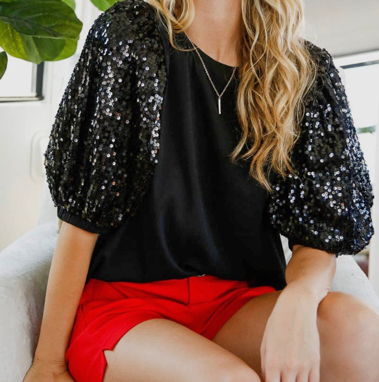 Round neck sequins contrast sleeves blouse