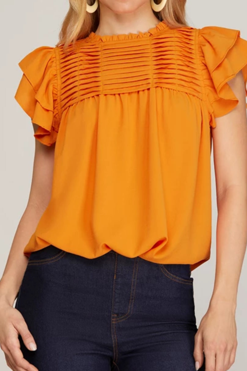 Ruffle sleeve pleated York woven top