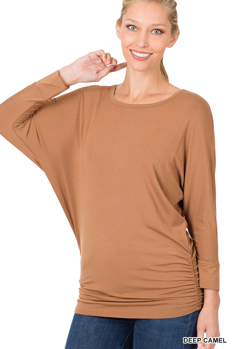 Boat Neck Dolman 3/4 sleeve with side ruched top