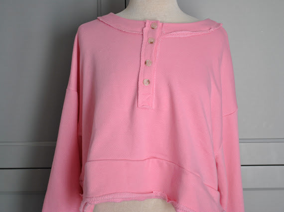 Pink lantern sleeve button up French terry crop top