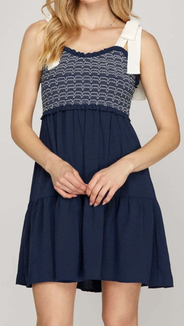 Game day shoulder bow tie dress navy blue