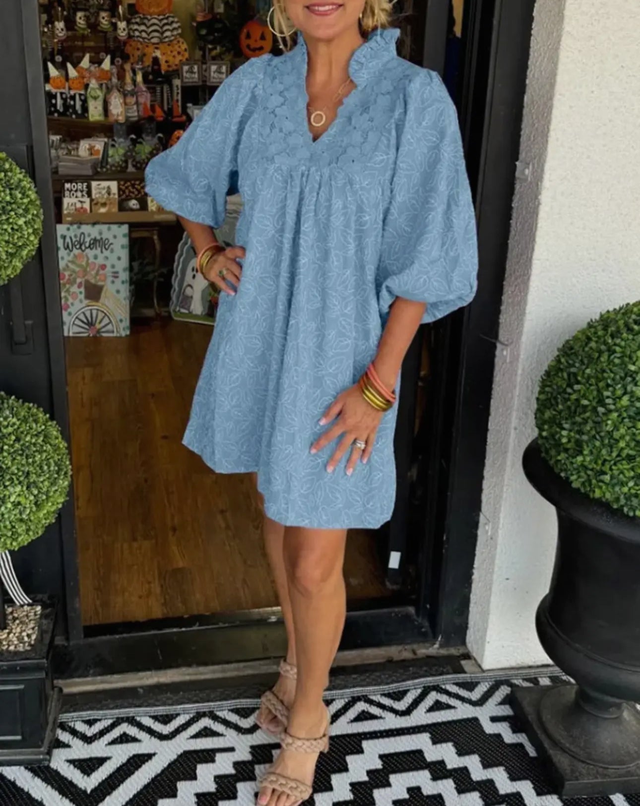 Blue vneck 3/4 sleeve dress
