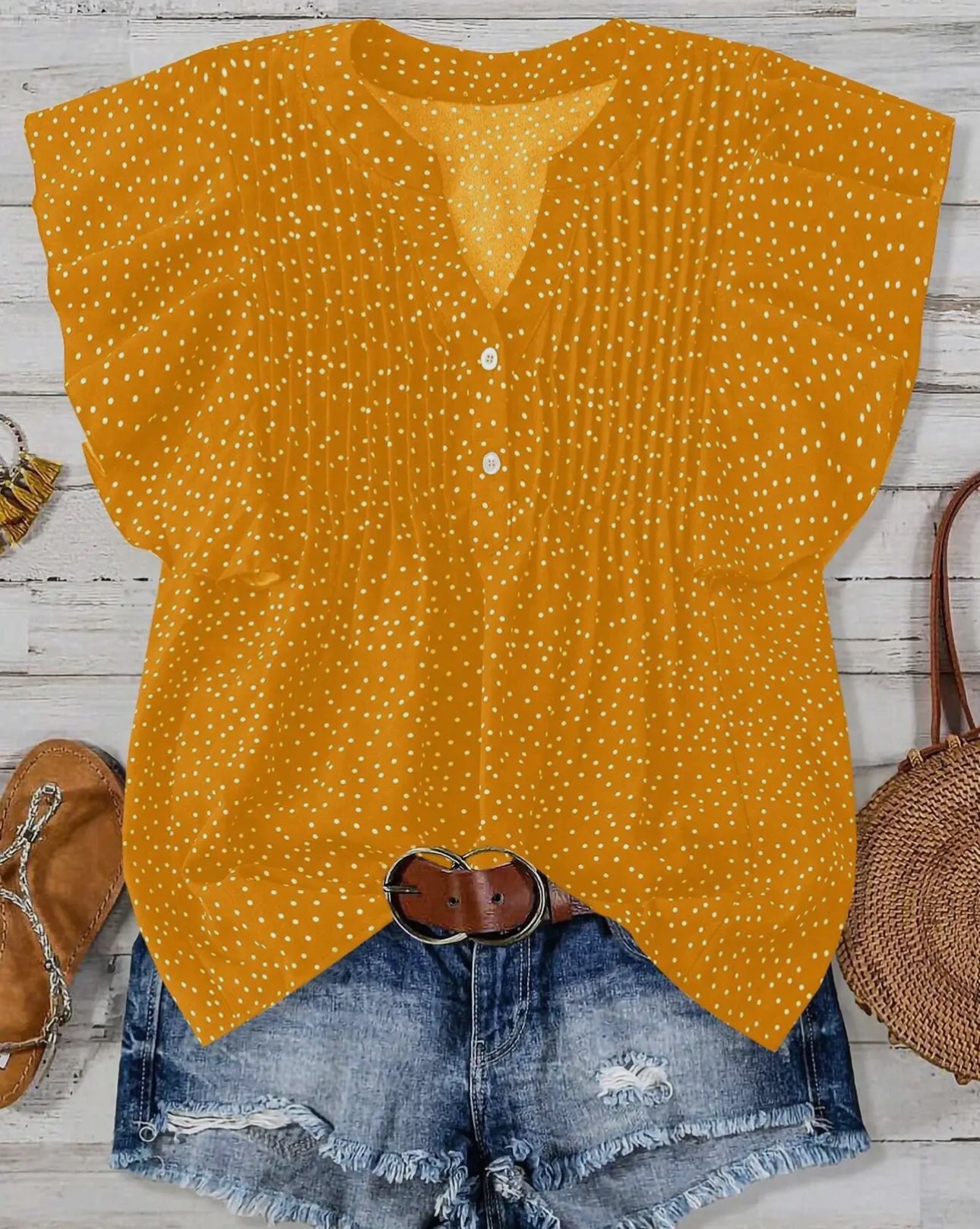 Vneck button pleated top