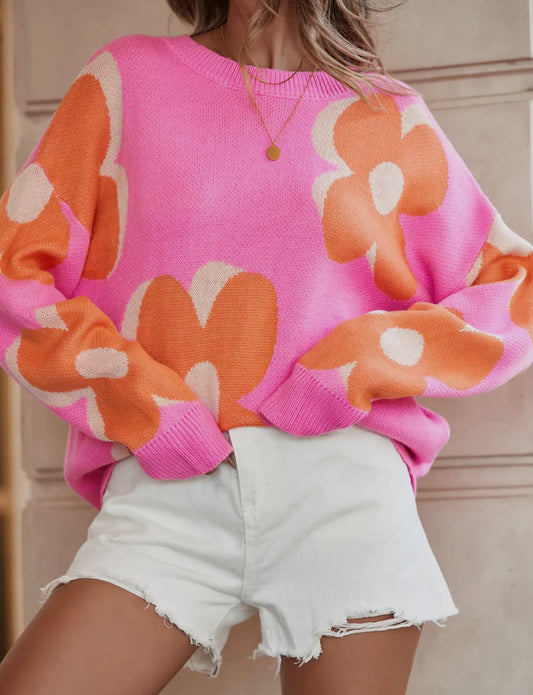 Flower pattern slouchy sweater