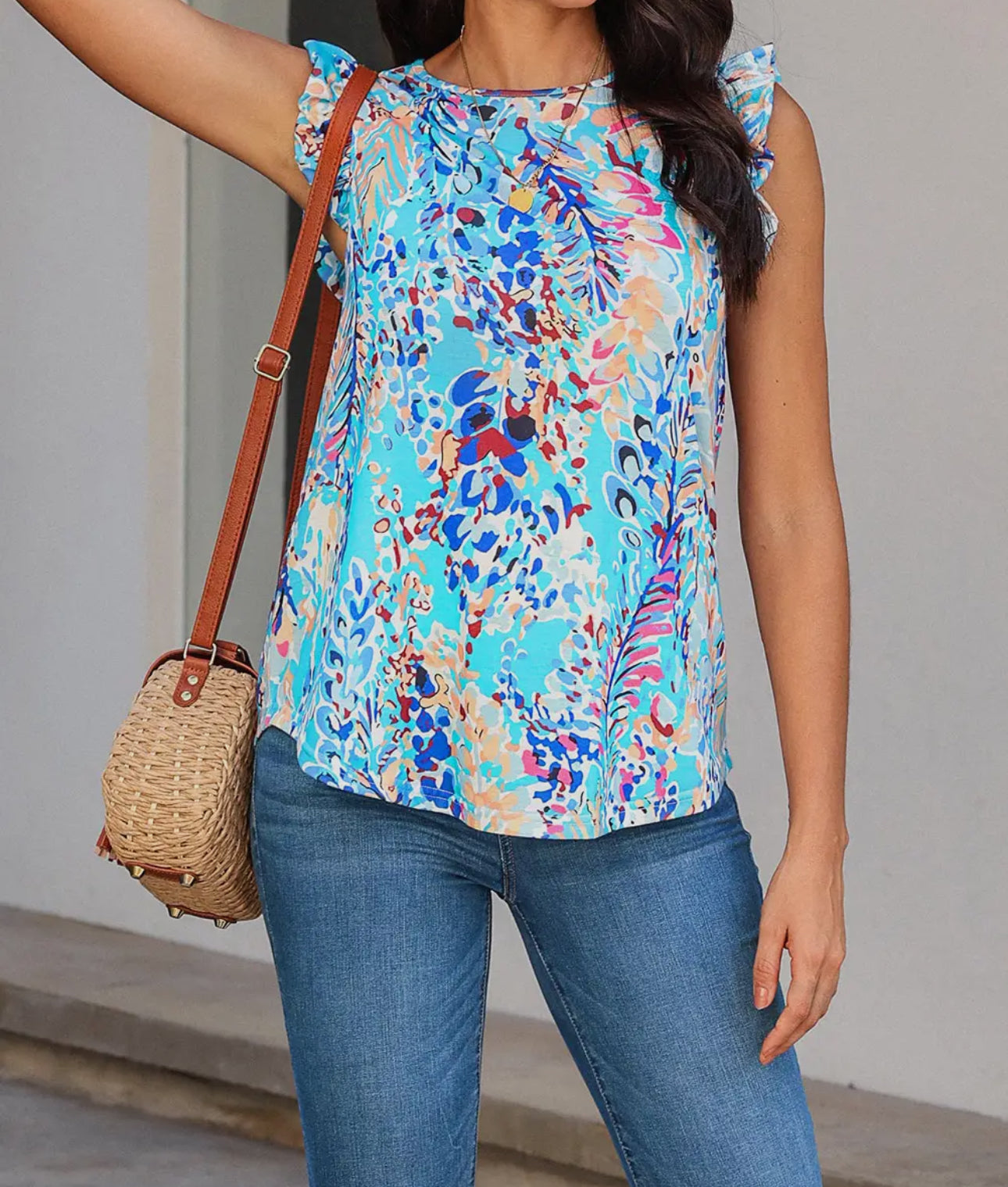 Floral print tank top with ruffles