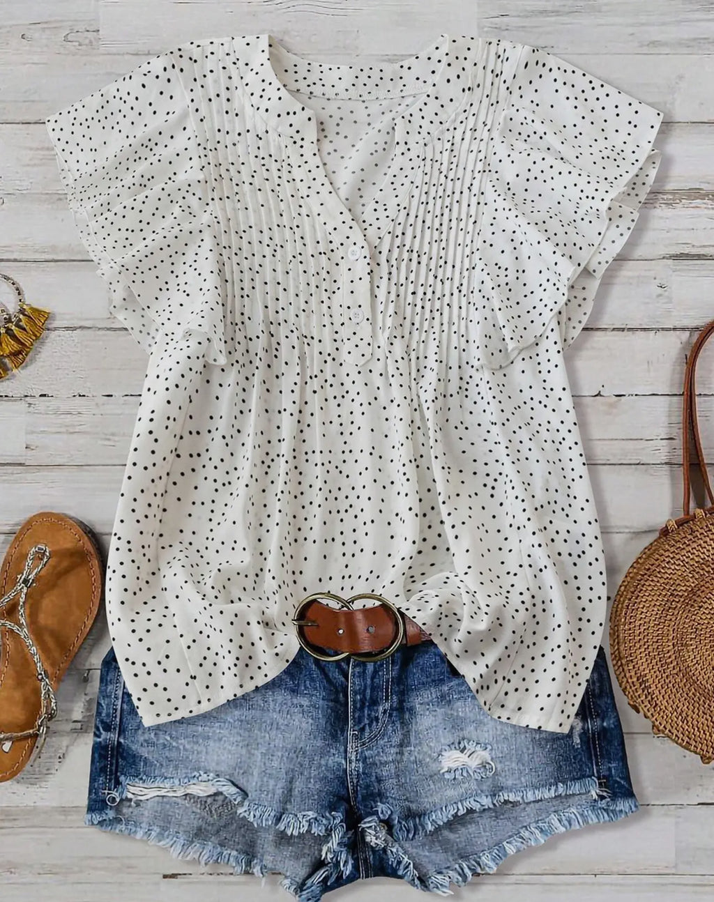 Vneck button pleated top