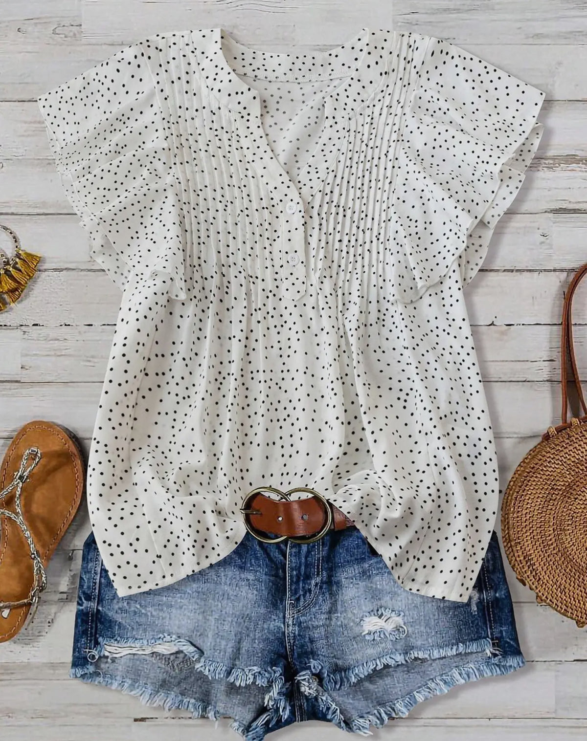 Vneck button pleated top