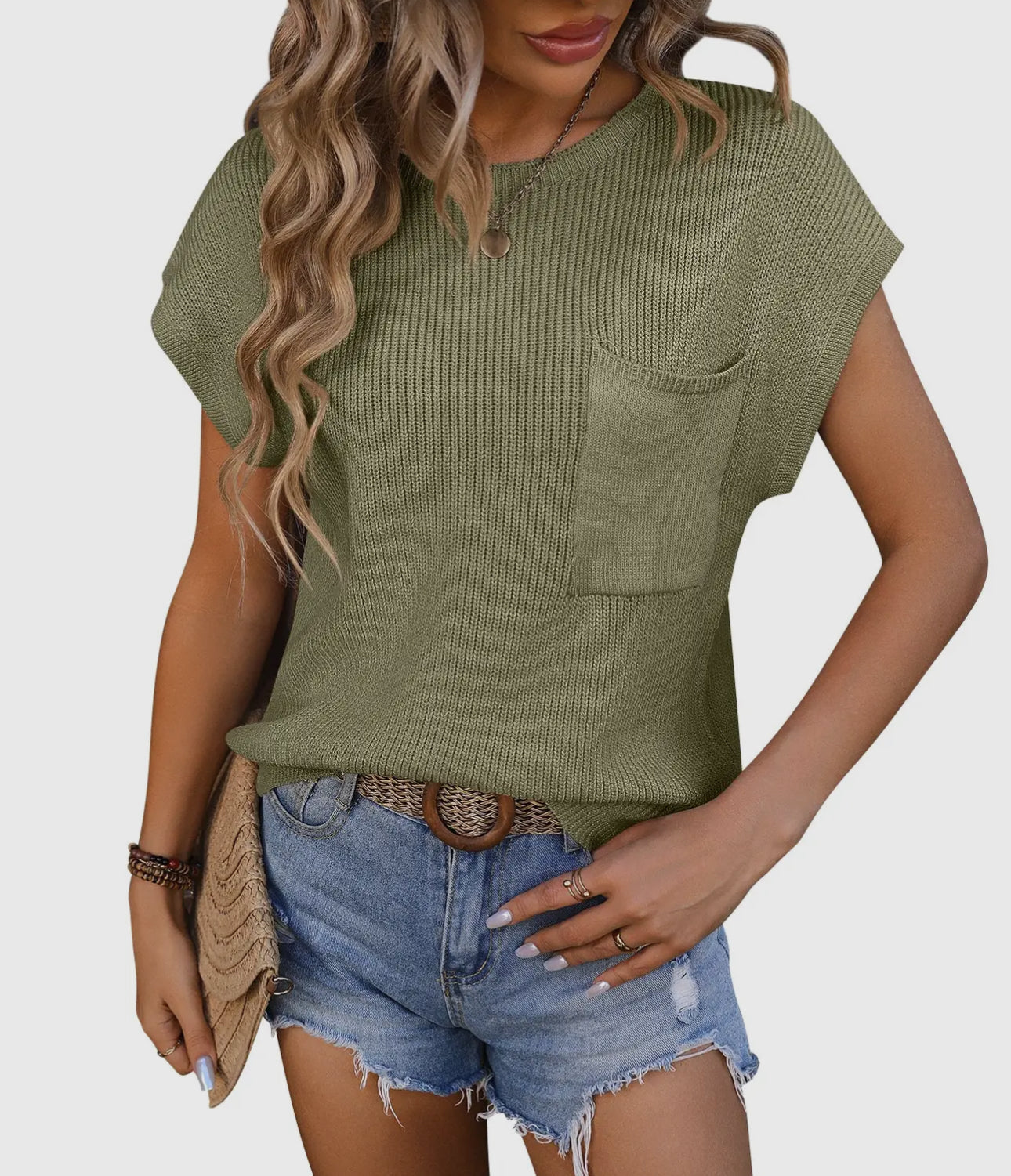 Crewneck pocket trim top short sleeve sweater green