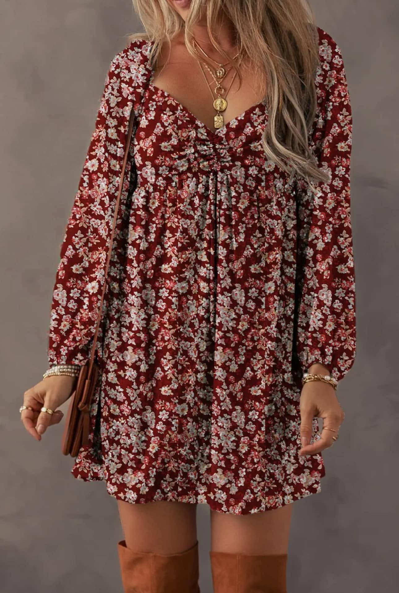 Drawstring ruched sweetheart floral dress red/rust