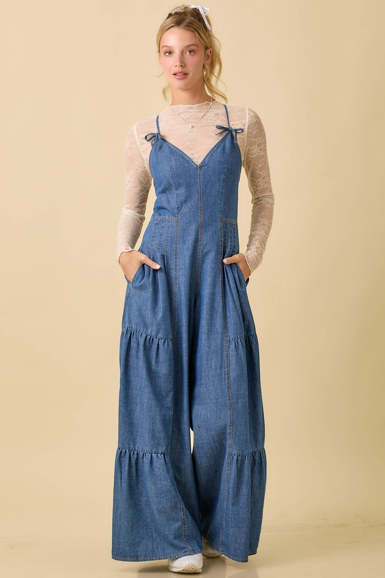 Main Strip - Denim Sleeveless Jumpsuit With Wide Leg Loose Fit