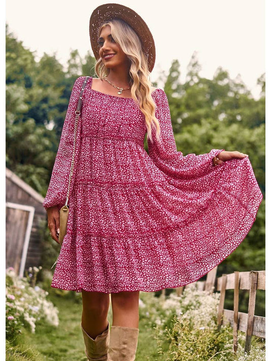 Ditsy Floral Square Neck Long Sleeve Tiered Ruffle Mini Dress - Burgundy